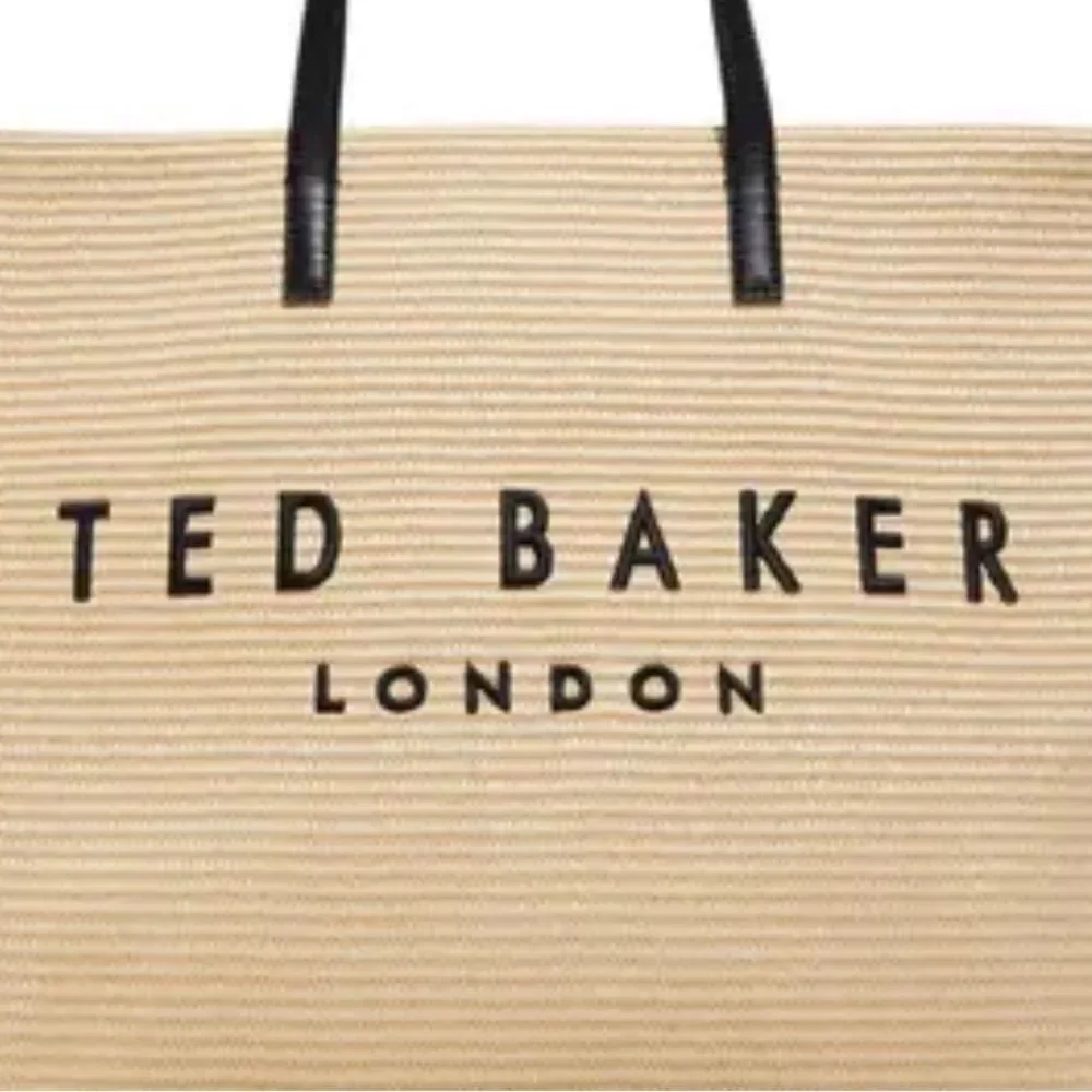 TED BAKER The Icon Palmer Tote Ivory Straw Black Faux Leather Embroidered Logo